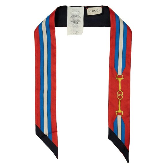 NEW GUCCI SILK SCARF HORSEBIT RED BLUE 100% Authentic Necktie - Picture 1 of 6